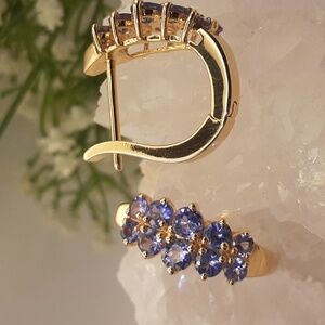 Yellow Gold Over 925, Genuine Tanzanite Hoop Earrings.